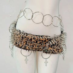 Leopard print o ring halter rivet mini skirt set