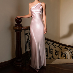 One shoulder high slit satin backless maxi dress