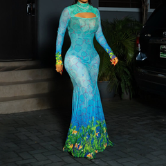 Long sleeve hollow out high neck print cut out maxi dress
