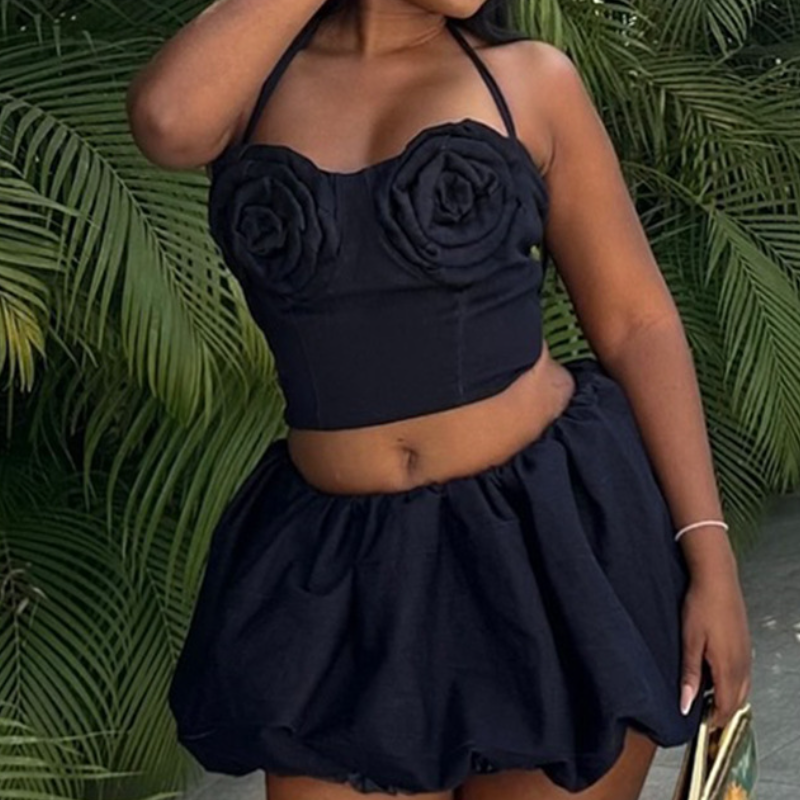 Halter flower applique ruched mini skirt set