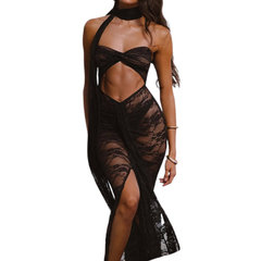 Lace sweetheart neck hollow out slit cut out maxi dress