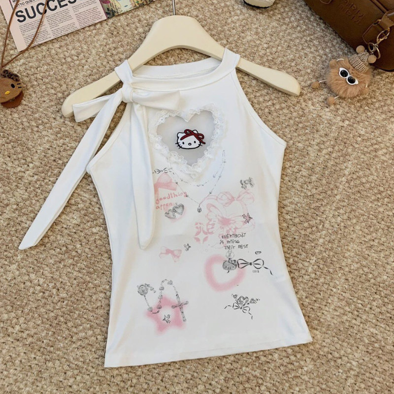 Self tie ruffle " hello kitty " pattern top