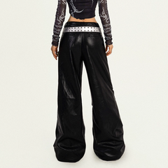 Hollow out PU leather button wide leg pant