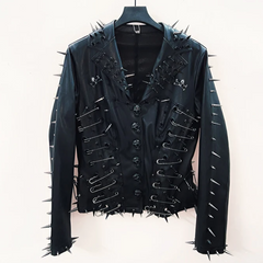 Long sleeve turnover collar PU leather skull applique top