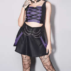 O ring metal chain zip up contrast cami mini skirt set