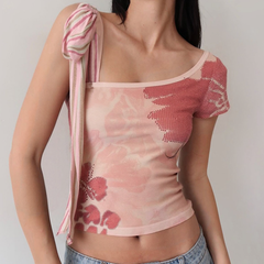 Irregular self tie short sleeve print top