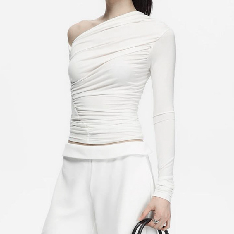 One shoulder long sleeve ruched top
