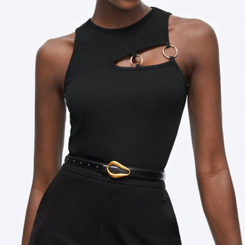 Crewneck o ring hollow out irregular black cut out top