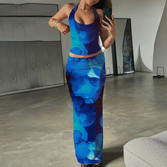 Halter self tie u neck flower print maxi skirt set