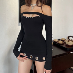 Off shoulder long sleeve hollow out cut out mini dress