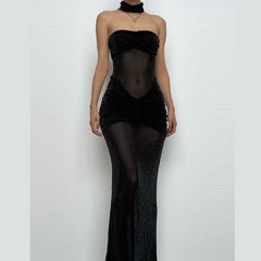 Sweetheart neck ruched see through glitter tube maxi dress