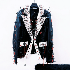 Long sleeve rivet PU leather turnover collar coat top