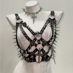 Rivet harness skull applique corset slit mini skirt set