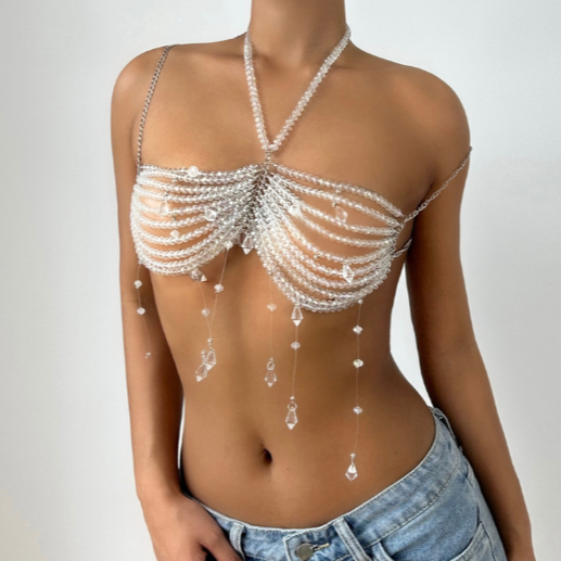 Metal chain pendant beaded halter top
