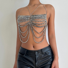 Beaded metal chain hollow out cami cut out top