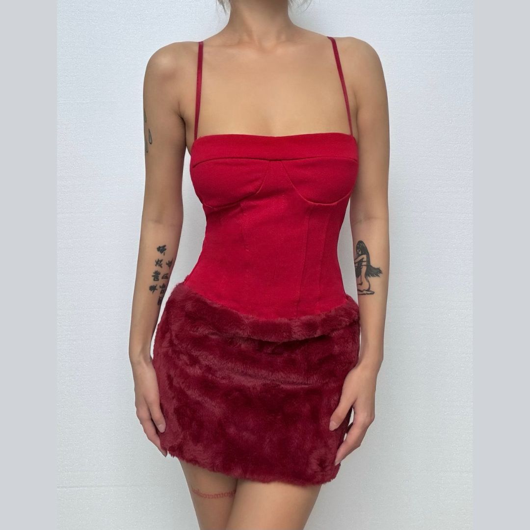 Square neck fluffy patchwork cami mini dress