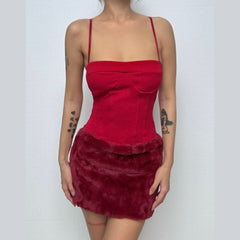 Square neck fluffy patchwork cami mini dress
