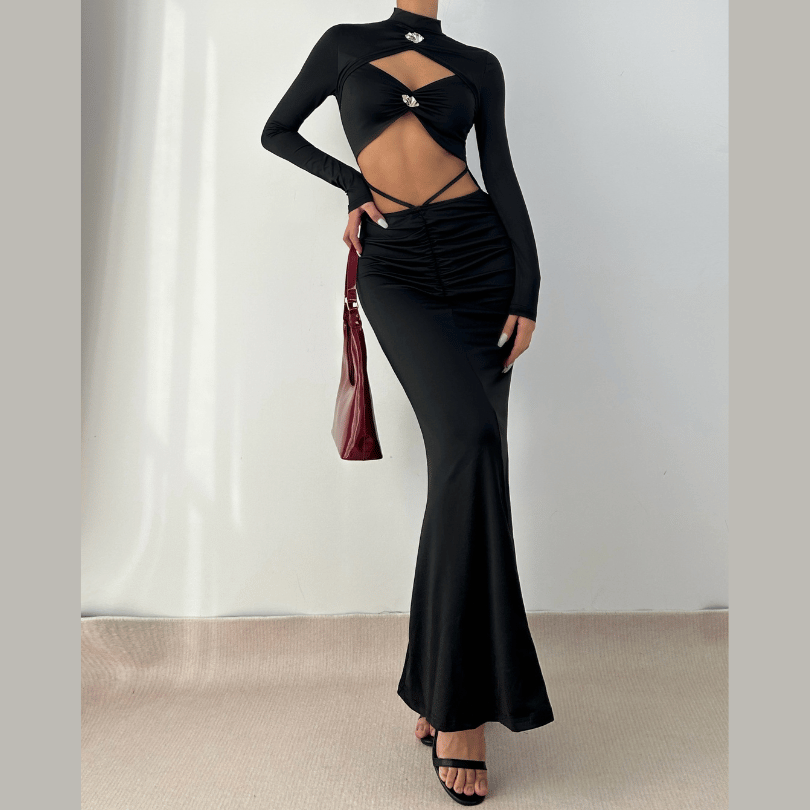 Long sleeve high neck hollow out cut out maxi dress
