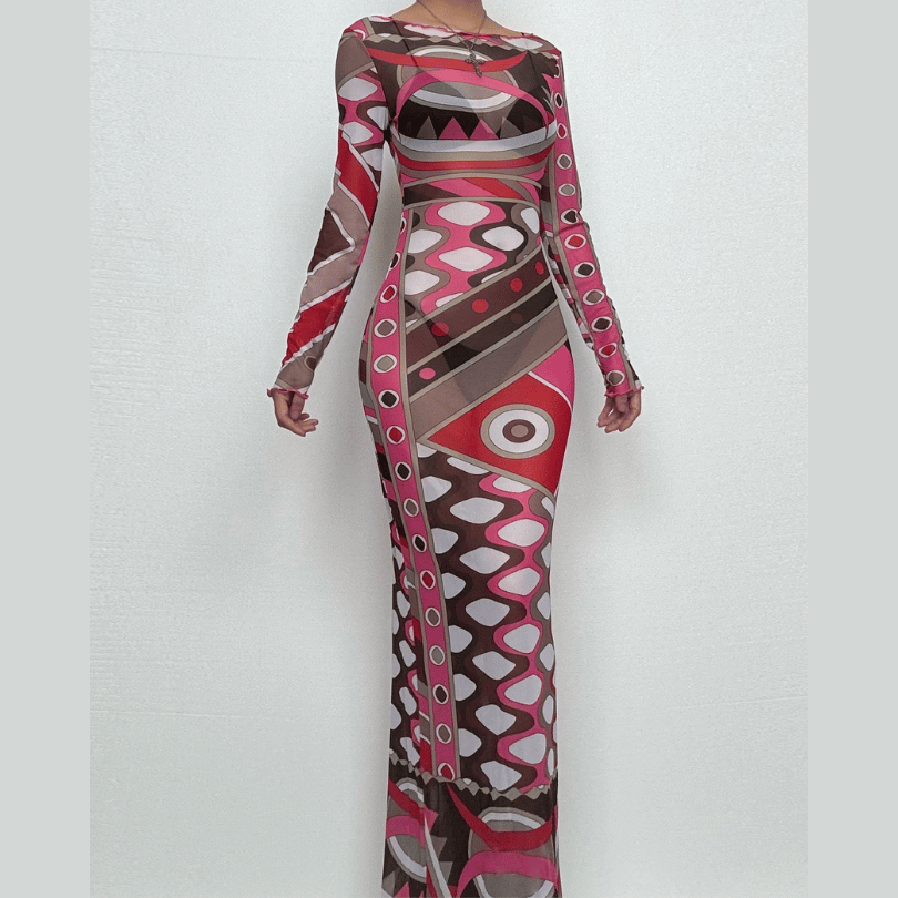 Long sleeve ruffle abstract mesh maxi dress