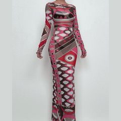 Long sleeve ruffle abstract mesh maxi dress