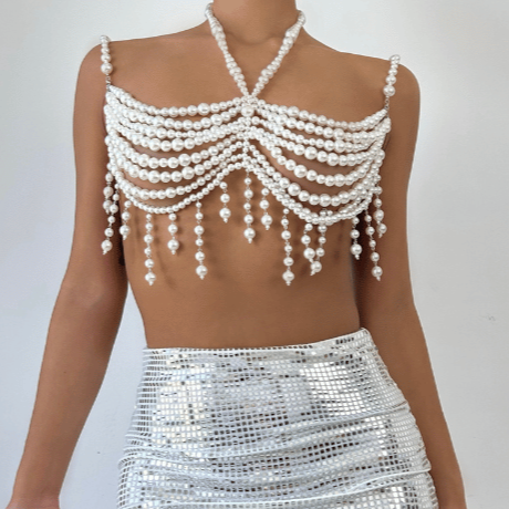 Halter pearls hollow out backless tassels cut out top