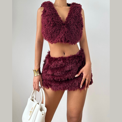 Hoodie backless self tie fluffy mini skirt set