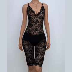 Lace v neck see through cross back solid romper