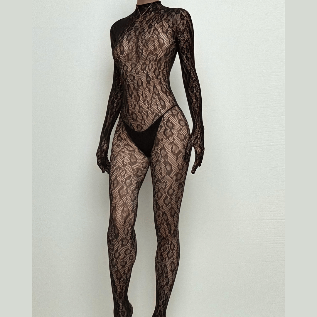 Long sleeve leopard high neck backless bodystocking