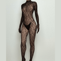 Long sleeve leopard high neck backless bodystocking