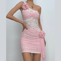 One shoulder lace mesh flower applique mini dress