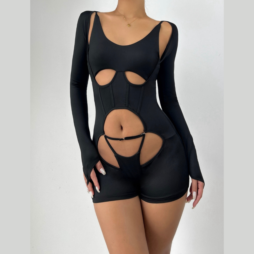 Long sleeve hollow out u neck gloves romper