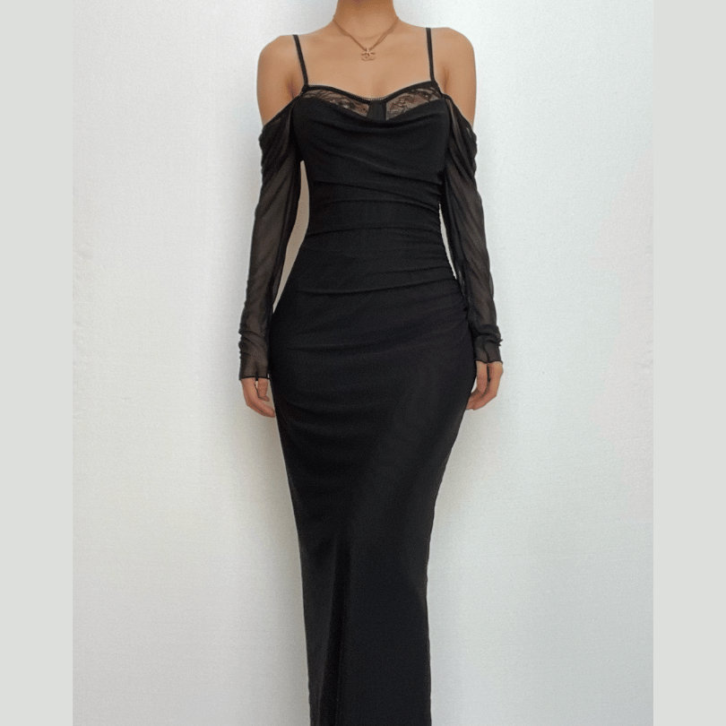 Patchwork lace mesh long sleeve zip-up slit solid maxi dress-final-sale