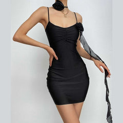 Flower applique solid backless v neck ribbon cami mini dress-final-sale