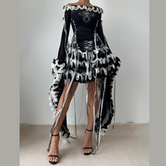 Ruffle hollow out long flared sleeve off shoulder cut out top