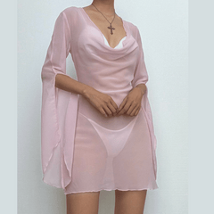 Cowl neck long sleeve backless chiffon mini dress