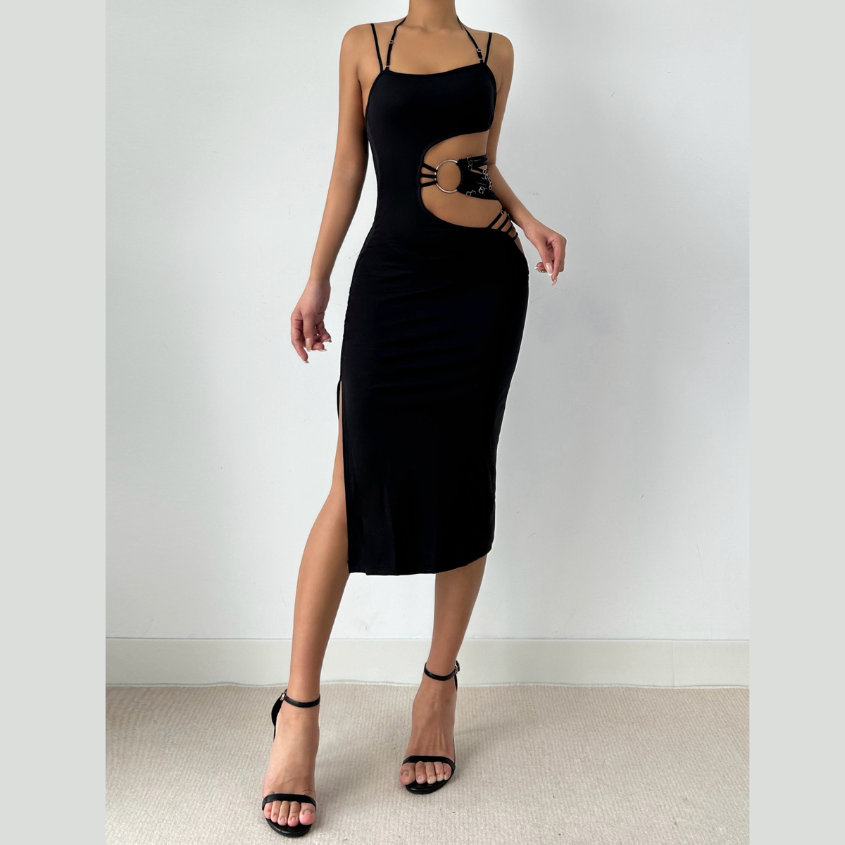 Irregular hollow out halter o ring cami slit cut out midi dress