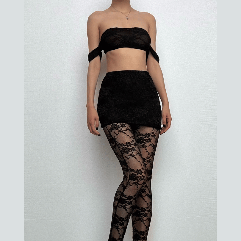 Off shoulder lace see through solid pant set-final-sale