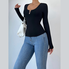 Long sleeve solid v neck top