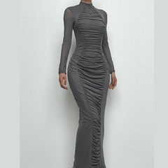 Long sleeve ruched mesh patchwork maxi dress-final-sale