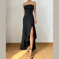 Slit ruffle irregular backless tube maxi dress