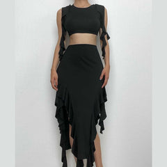Sleeveless ruffle irregular solid maxi skirt set-final-sale