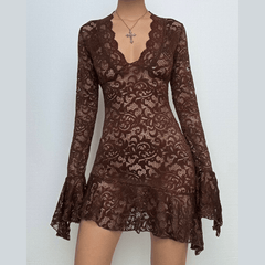 Long flared sleeve lace ruffle see through mini dress-final-sale