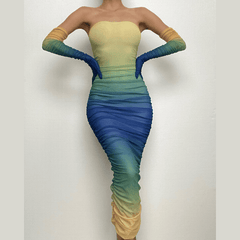 Sheer mesh see through gradient gloves ruched tube maxi dress-final-sale