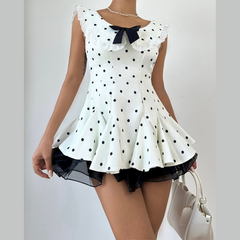 Polka dot lace hem bowknot ruffle mini dress