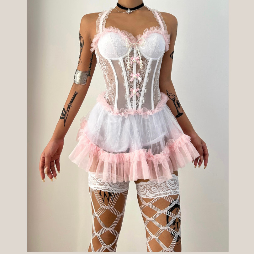 Bowknot lace up ruffle cami mini dress