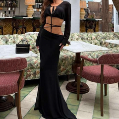 Long sleeve self tie solid maxi skirt set