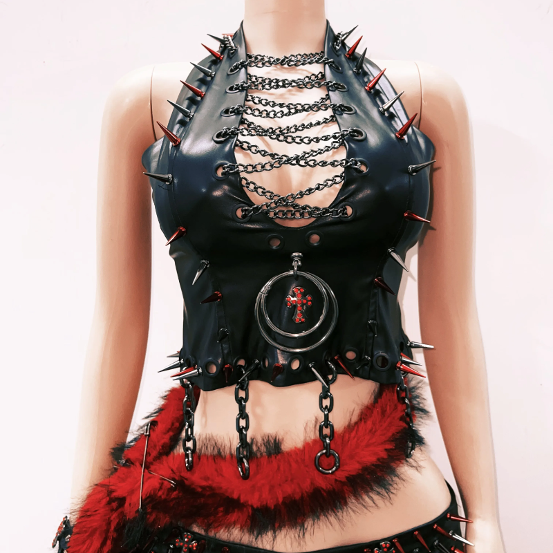 Metal chain o ring PU leather hollow out rivet applique cut out top