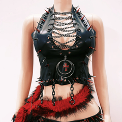 Metal chain o ring PU leather hollow out rivet applique cut out top