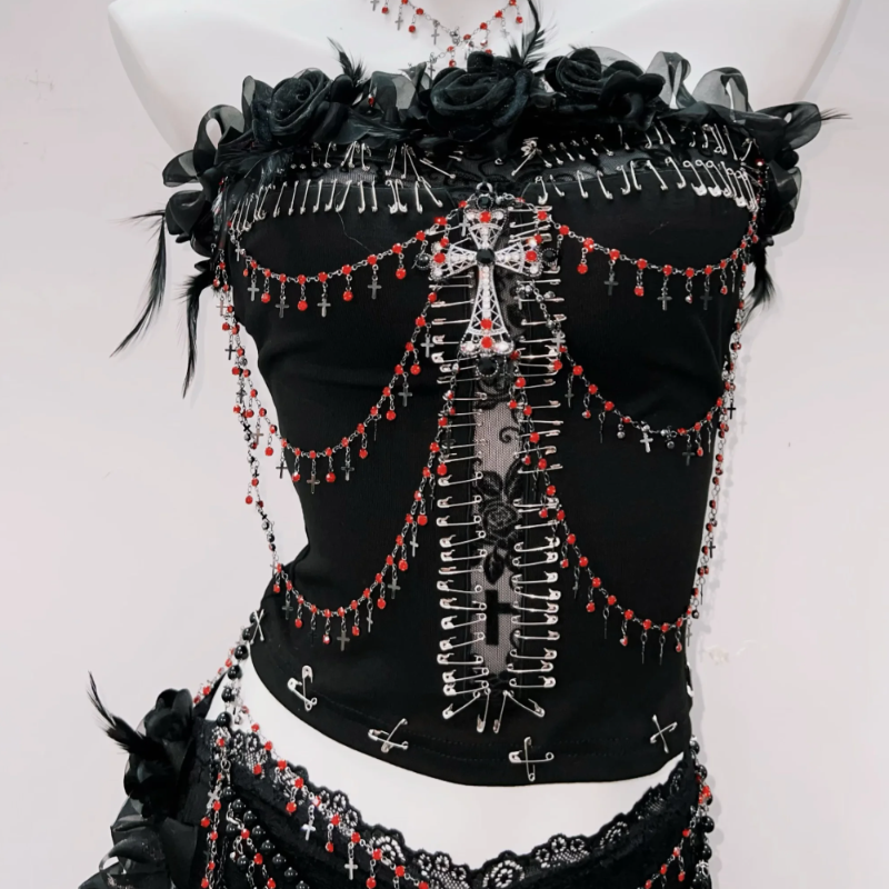 Beaded feather flower applique tube top