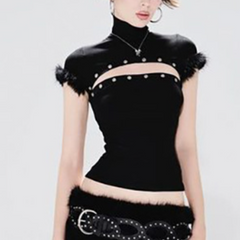 High neck hollow out short sleeve fluffy cut out top